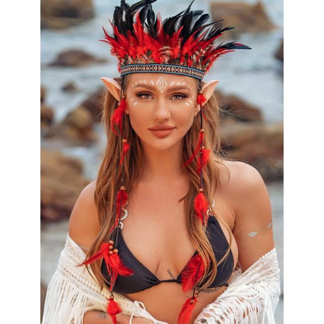 GORTIN Indian Headdress Feather Headbands Native American Costume Headband Bohemian Hippie Headpiece Gypsy Feather Hair Accessory for Women and Men