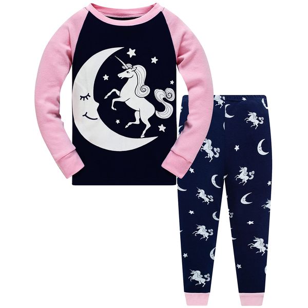 Little Girls Glow in Dark Unicorn Pajamas 2 Piece Set 100% Cotton Sleepwear Toddler Clothes Moon Style PJs (Moon Unicorn-6214-5T)