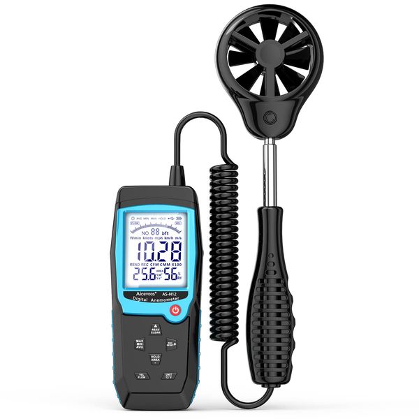 Aicevoos H12 Digital Anemometer Handheld Wind Speed Meter with Extended Wind Sensor, Measures Wind Speed Wind Flow Temperature and Humidity CFM Air Flow Velocity and MAX/MIN/AVG