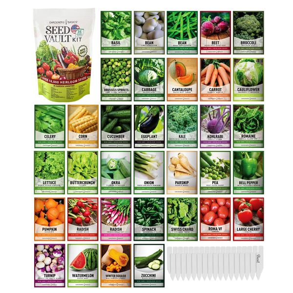 Gardeners Basics, Survival Vegetable Seeds Garden Kit Over 16,000 Seeds Non-GMO and Heirloom, Great for Emergency Bugout Survival Gear 35 Varieties Seeds for Planting Vegetables 35 Plant Markers