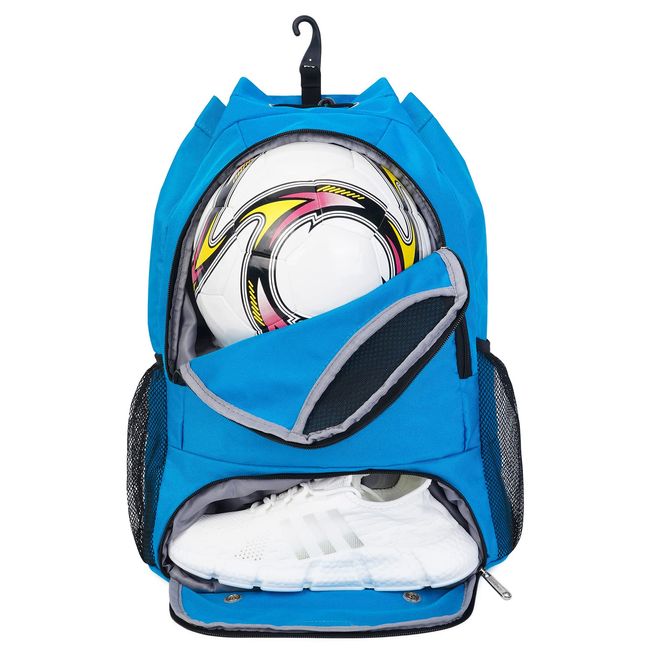 Fußball tasche, Basketball Kordelzug Rucksack Verstellbar Tunnelzug Daypack mit Ballfach & Schuhfach und Nasstasche Sporttasche für Herren Damen, Blau