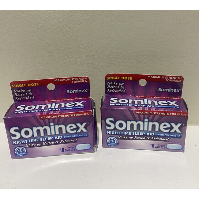 2 Sominex Nighttime Sleep Aid Maximum Strength 16 Caplets Each Box EXP 6/24