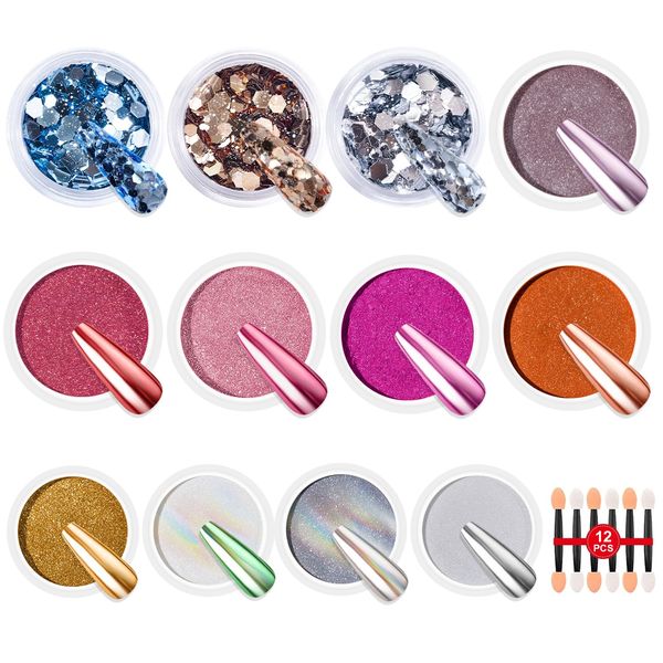 BISHENGYF12 Nail Glitter Chrome Powder for Nails - Pink Gold Silver Mirror Effect Chrome Nail Powder, Aurora Ice Shimmer Pearl Nails Chrome Powders, Glazed Donut Holo Glitter Powder for DIY Salon