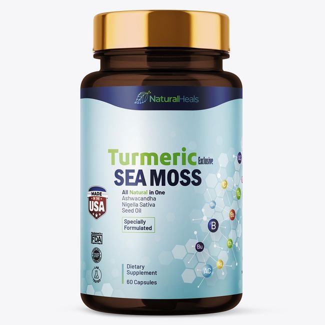 Natural Heals Sea Moss 3000mg: Black Seed Oil 2000mg Ashwagandha 1000mg Turmeric 1000mg Bladderwrack 1000mg Burdock 1000mg - 60 Capsules Made in USA