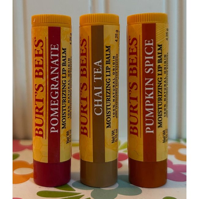 3 SEALED BURT'S BEES LIP BALM POMEGRANATE - CHAI TEA - PUMPKIN SPICE