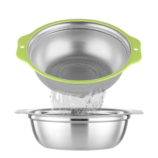 AHIABOAT Colander Stainless Steel Microporous, 2QT Rice Strainer with Mixing Bowl, Rice Washer Bowl Set with Handle, Food-Grade Strainers and Colanders for Kitchen, Pasta, Fruit, Dishwasher Safe