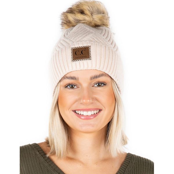 Funky Junque Warm Knit Faux Fur Pom Hat: Diagonal Stripes - Light Beige