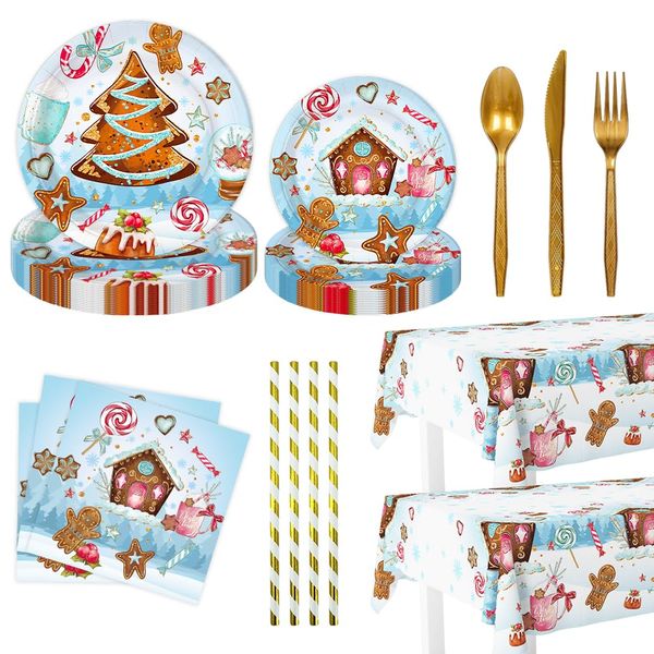 AIBIIN 194Pcs Christmas Party Decorations Tableware, Gingerbread House Cookie Christmas Plates, Cup, Napkins, Tablecloth, Christmas Party Supplies Disposable Cutlery Serve 24 Guests