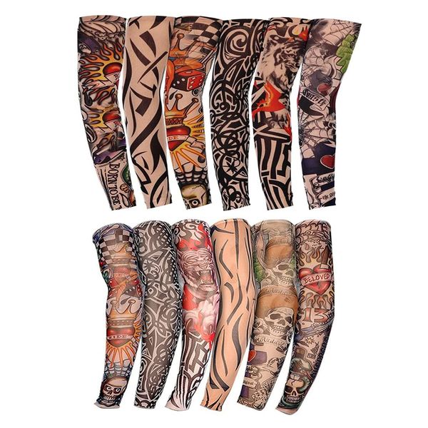 Kirozanny 12pcs Art Fake Temporary Tattoo Sun Protection Compression Arm Sleeves Temporary Tattoo Arm Sleeves(random color)