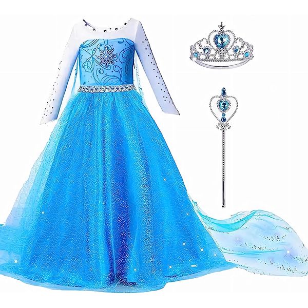 Elsa Princess Dress for Girls, Frozen Princess costume for Kids Snow Party Queen,Birthday Party Dress Up with Accessories (Blue, 4T-5T(120))