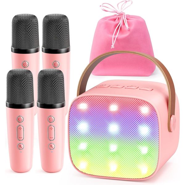 YLL Mini Karaoke Machine for Kids Adults: Portable Loud Speaker with 4 Wireless Microphones - Christmas Birthday Party Gifts for Girls 3,4,5,6,7,8+ Year Old Toys(Pink-4 Mics)