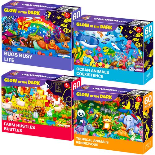 QUOKKA 4x60 Piece Puzzles for Kids Ages 4-6 – Glow-in-The-Dark Puzzles for Kids 4-8 I Farm Bugs Tropical & Ocean Animals I Fun Educational Toddler Puzzles for Boys & Girls – Educational Game Toys Gift
