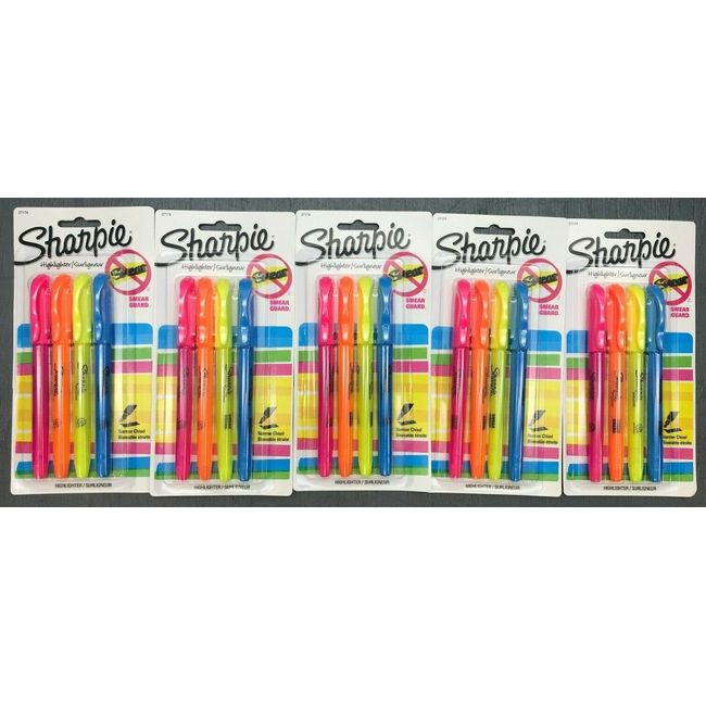 5 Packs of 4: Sharpie Highlighters Smear Guard Narrow Chisel Tip - F4B
