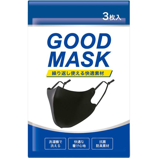 DUEN GOOD MASK Summer Sports Mask, Cooling Sensation, Set of 3, Unisex, Adjustable Cord Included, 3D Construction, Washable, Prevents Ear Pain, Regular (Black)