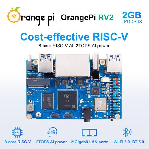 Orange Pi RV2 2GB/4GB/8GB LPDDR4x RISC-V Single Board Computer with 8-Core 64-Bit Processor, Wi-Fi 5.0/Bluetooth 5.0, Development Board Run Linux/Ubuntu/OpenHarmony(2GB)