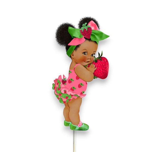 Strawberry Theme Baby Shower/Birthday Centerpieces, 10 inches, Cardstock Paper, Double Sided, Lollipop Stick Attached (3, African American Girl)