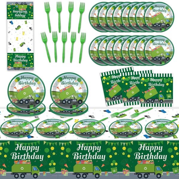 gisgfim Garbage Truck Birthday Party Supplies Trash Trucks Birthday Party Tableware Includes Party Plates Napkins Fork and Garbage Truck Theme Tablecloth for Birthday Parties Decorations Set Serve 20