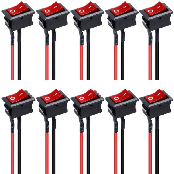 10Pcs Rocker Switch ON/Off 2Pin Latching Square SPST Toggle Switch Snap with Wires KCD1-X-F
