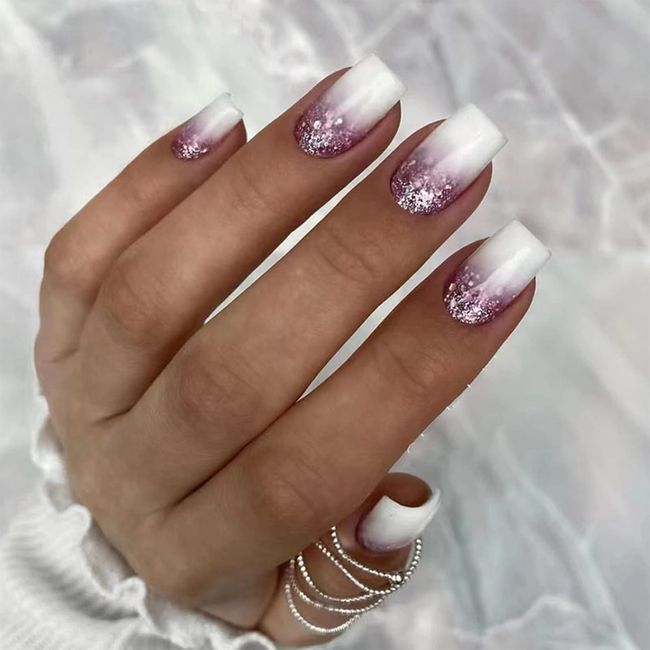 24pcs Short Square False Nails White Stick on Nails Glitter Purple Press on Nails Removable Glue-on Nails Fake Nails Women Girls Nail Art Accessories