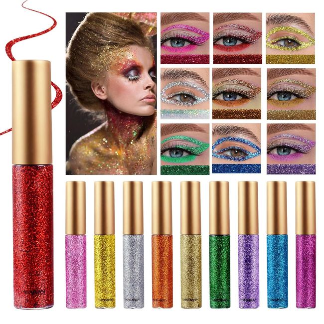 Colorful Liquid Eyeliner Set, 10 Colors Metallic Shimmer Glitter Eyeshadow, L...