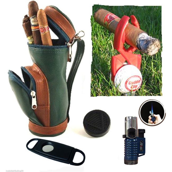 Cigar Caddy Golf Gift Set Mini Golf Bag Humidor Triple Flame Torch