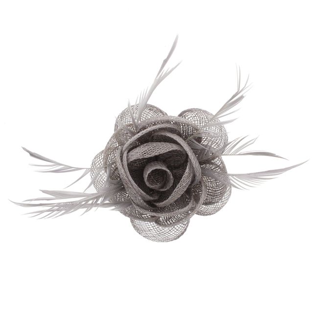 Zac's Alter Ego Silver Rose Net Fascinator with Feathers on Clip & Brooch Pin