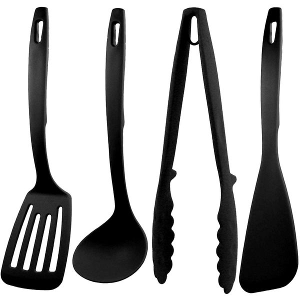 Nagao Tsubamesanjo Kitchen Tool Set of 4 Turner, Ladle, Tongs, Spatula, Black, Made in Japan