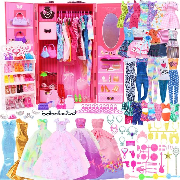 127pcs Doll Clothes Accessories and Closet for 11.5 inch Girl Doll,Dollhouse Wardrobe Storage Fashion Dress Gowns Outfits Swimsuits Tops Bottoms Shoe Rack High Heels Hangers Necklaces for 1/6 Doll