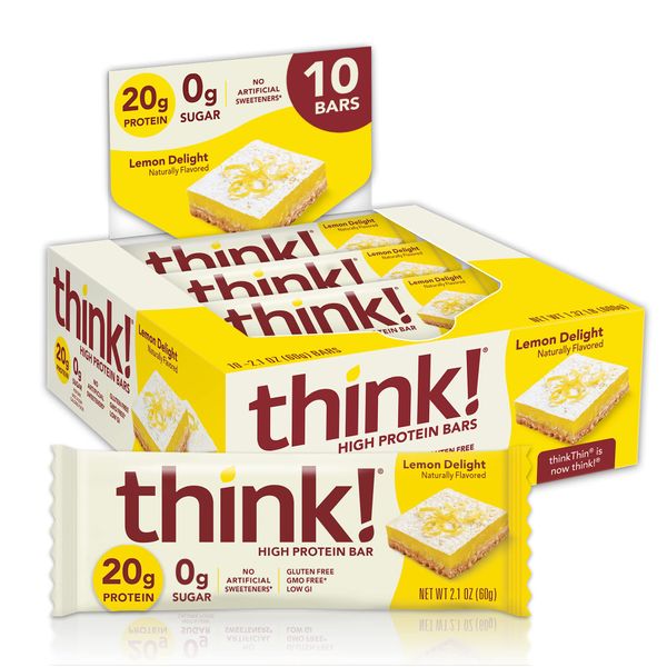 think! Protein Bars, High Protein Snacks, Gluten Free, Sugar Free Energy Bar with Whey Protein Isolate, Lemon Delight, Nutrition Bars Without Artificial Sweeteners, 2.1 Oz (10 Count)