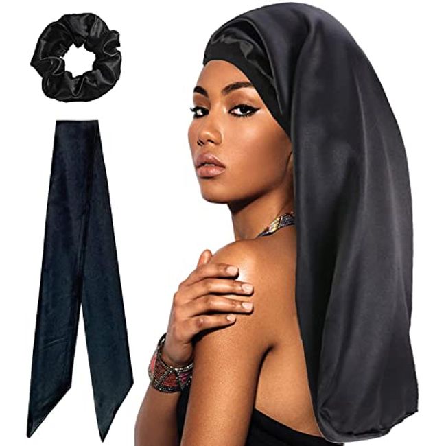WUBAYI Silk Bonnet Hair Wrap for Sleeping,Satin Sleep Cap with Wide Elastic Band, Soft Hair Sleeping Bonnet Cap for Women and Girls Curly Hair（ Black）