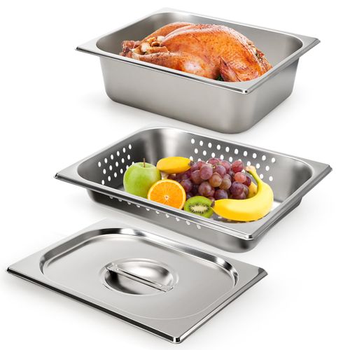 Kingrol 3 Pack 1/2 Steam Table Pan, 4 Inch Deep Half Size Stainless Steel Hotel Pans with Lid, Perforated Steam Pan, Chafing Pans for Buffets, Catering, and Commercial Kitchens