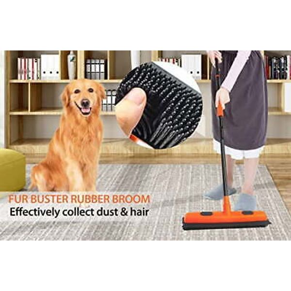 Rubber Broom with Squeegee Carpet Rake for Pet Hair Remover (Orange)