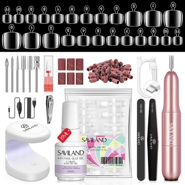 Saviland Toe Nail Tip and Glue Gel Kit - Press On Toe Nail Kit with Nail Drill, 500 Pcs Natural Fake Foot Nails, Gel x Nail Kit with 4-in-1 Gel Nail Glue, Acrylic Nails, Nail Lamp, Manicure Tool for