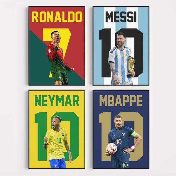 Football Wall Art Poster Prints For Boys Bedroom Set of 4 - Ronaldo, Messi, Mbappé and Neymar - [Frames Not Included] (Superstars, A4)