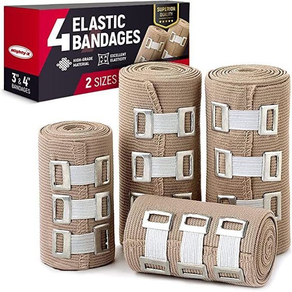 Premium Elastic Bandage Wrap 4pack (2x3", 2x4") + 12 Extra Clips