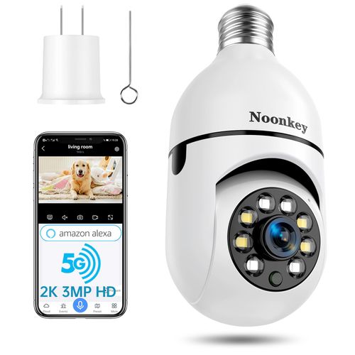 Noonkey 2K/3MP Light Bulb Security Camera, 5G& 2.4GHz WiFi Alexa E27 360° Light Socket Camera for Outdoor, Wireless WiFi Home IP Camera with Motion Tracking Alarm, Color Night Vision,Two-Way Talk.