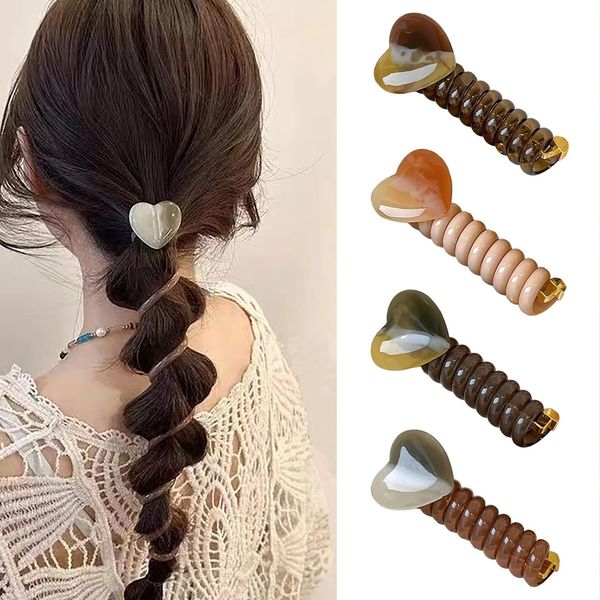 4 Pcs Heart Spiral Hair Ties, Heart Design Ponytail Elastic Hair Bands Rubber Ties Bundle Scrunchies Telephone Wire Ponytail Holders Hair Accessories for Women