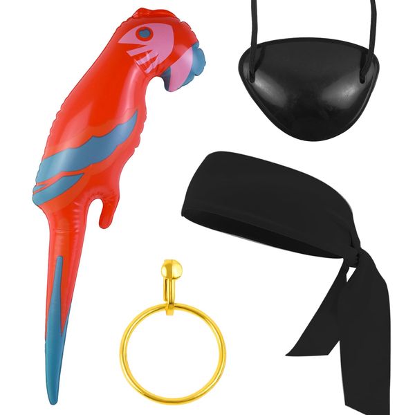 YuZhou 4Pcs Pirate Costume Accessories Set Adult Pirate Captain Costume Pirate Bandana Inflatable Parrot Black Head Scarf Pirate Eye Patch Plastic Hoop Earring for Men Women Halloween Cosplay Party