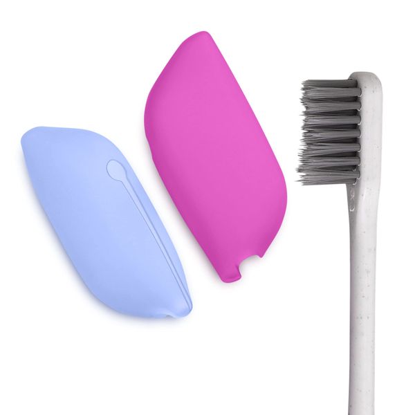 kwmobile 2x Toothbrush Headcover - Ventilated Toothbrush Case Silicone - For Travel Business Trip Blue/Dark Pink