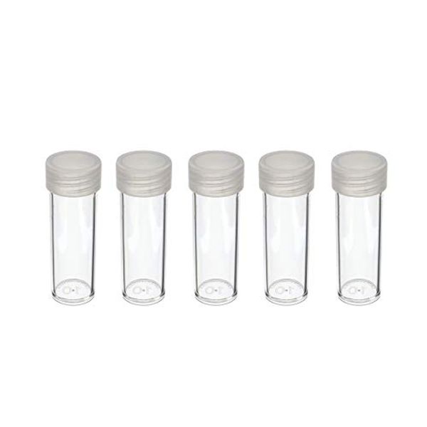 COIN STORAGE TUBES, round clear plastic w/ screw on tops for DIMES (Quantity of 5 tubes)