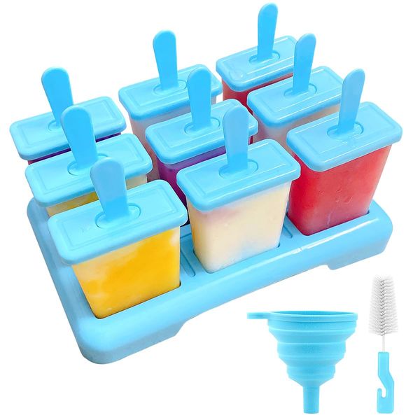 Alinana Ice Lolly Moulds with Sticks, 9 Cavities Popsicle Mould, Food Grade BPA-Free Ice Pop Moulds, DIY Ideas Ice Lolly Moulds with Cleaning Brush, A Funnel