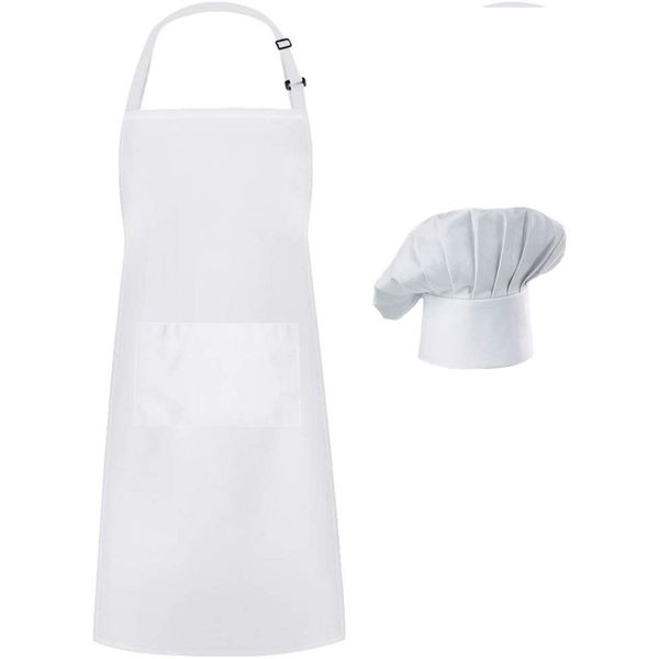 Hyzrz Chef Apron Hat Set, Chef Hat and Adult Kitchen Pocket Adjustable Apron with Butcher Hat Baker Costume for Men and Women Father's Gift (White)