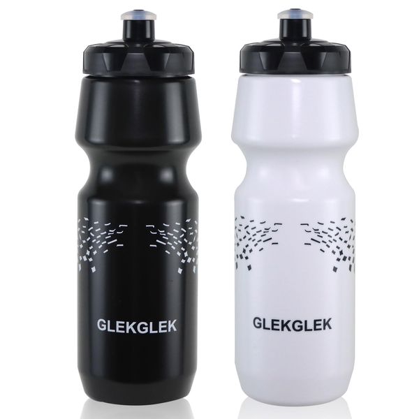 GLEKGLEK Sports Water Bottles for Cycling 24oz BPA Free Leakproof with Soft Bite Valve Pack of 2 (Black & White)