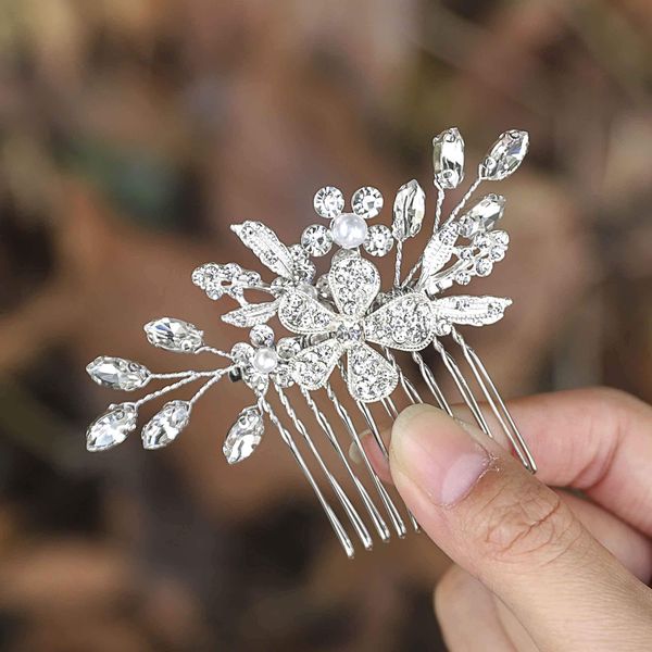 Evild Flower Bridal Hair Comb Silver Rhinestone Wedding Headdress Pearl Hairpieces Crystal Wedding Hair Accessories for Brides and Bridesmaids