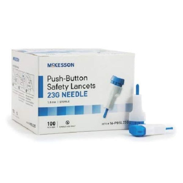 McKesson Lancet, Push-Button Safety, Blue, Depth Settings - 1.8 Mm Depth, 100per Box, 12 Oz 23 G