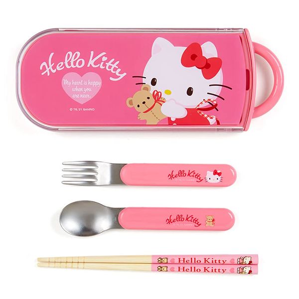 Sanrio 878910 Sanrio 878910 Spoon, Fork and Chopsticks Set of 3 for Children, Dishwasher and Dish Dryer Safe, Name Stickers, Made in Japan, Slide-in Case, Hello Kitty, Character