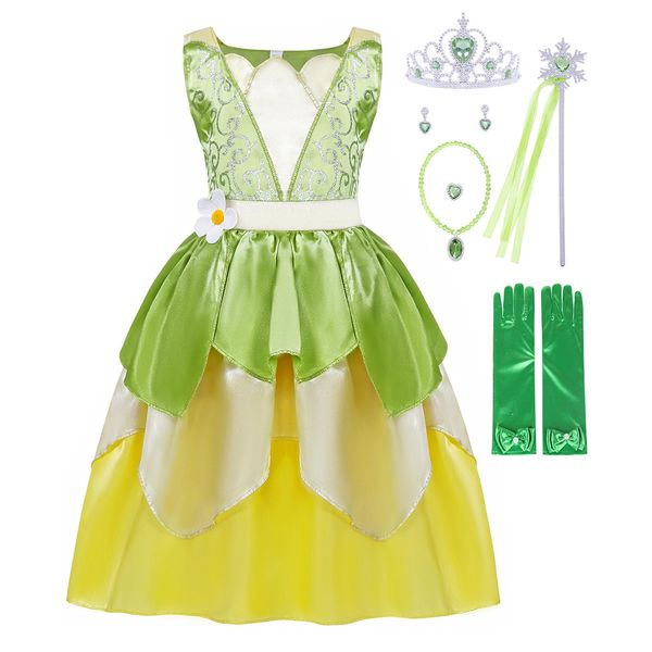 COTRIO Green Fairy Tale Fancy Dresses Girls Frog Princess Tiana Dress Toddler Kids Birthday Party Halloween Costume Outfits with Accessories Role Play Clothes Size 4T (3-4 Years, Green)