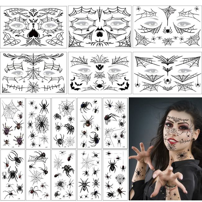 Halloween Temporary Tattoos Halloween Face Stickers,16PCS Halloween Face Tattoo Spider Bat Cobweb Face Stickers Temporary Tattoo for Aldults Kids Carnival Cosplay Costume Makeup Party Fright Night