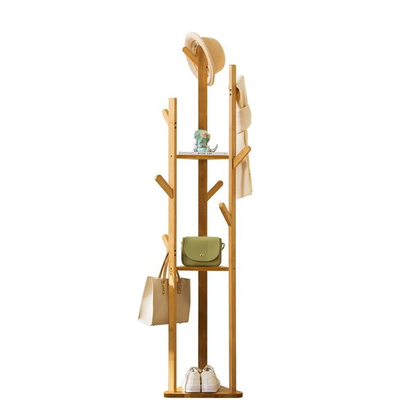 Youyijia Coat Stand Coat Rack Stand 170cm Wooden Coat Rack with 3 tier Storage Shelf and 8 Hooks Freestanding Clothes Rack Coat Hat Bag Rack for Entryway Hallway Office Hotel Natural Wood Color