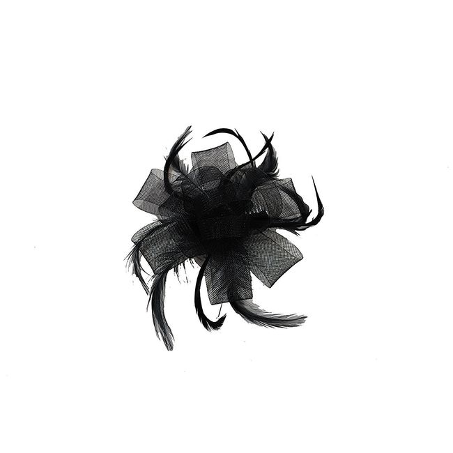 Black net & feather bow fascinator set on ribbon bound clear comb. Ideal for wedding, ladies day or any other special occasion.